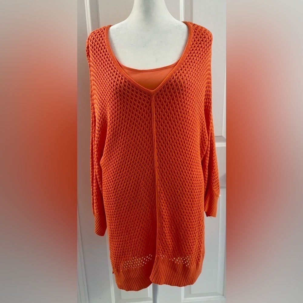 Chicos Mesh Sweater Size 3 Orange Melon Knit Lined Pullover Long Sleeve Tunic